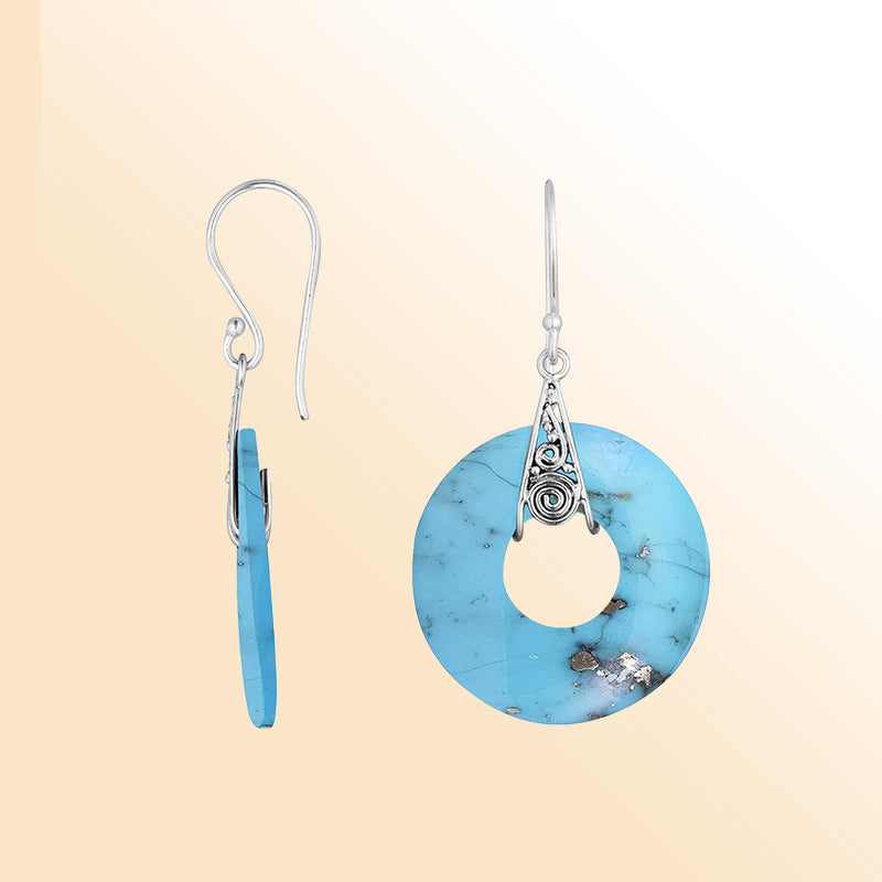 Artistic turquoise shell round silver earrings