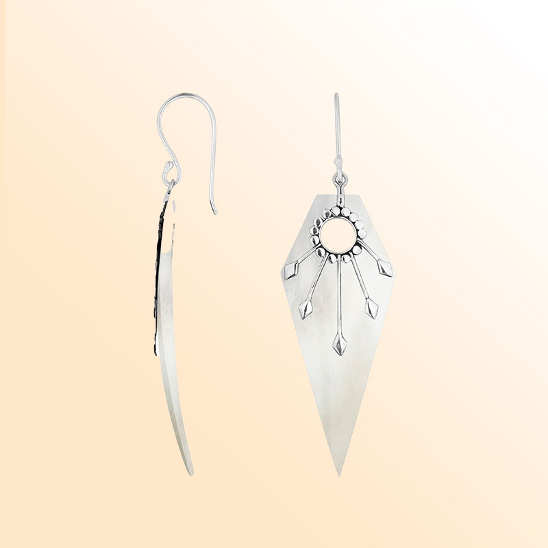 Radiant Mother Of Pearl sunray silver shield earrings