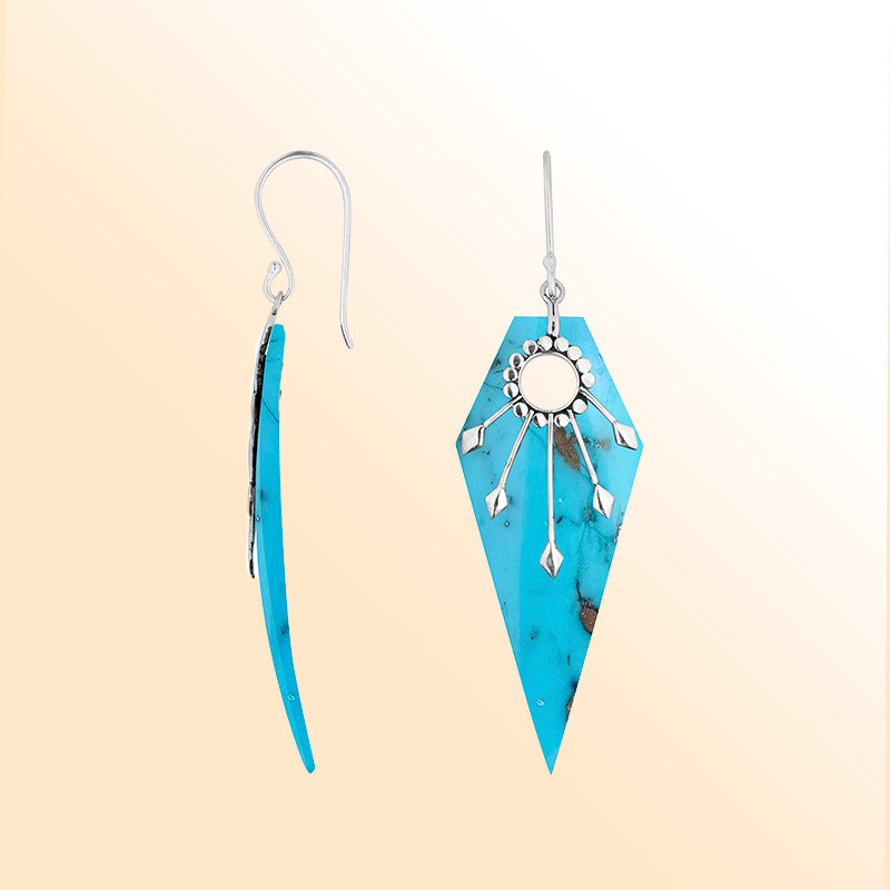Radiant Turquoise Shell sunray silver shield dangle earrings