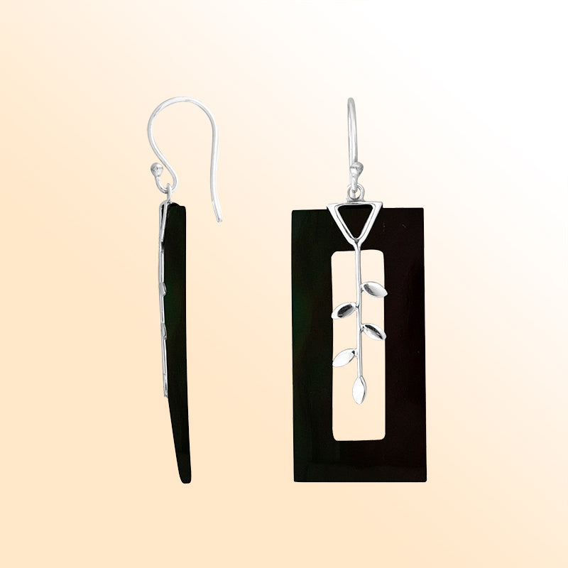 Sterling Silver Earring With Black Shell Rectangle Leaf Dangle Handcrafted In Bali