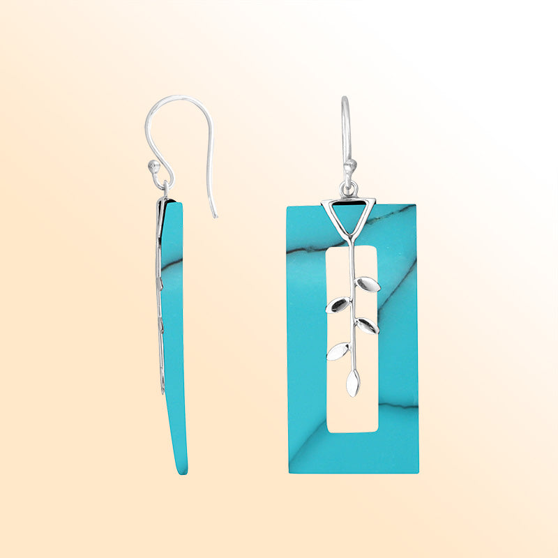Turquoise Shell silver leaf motif rectangle dangle earrings