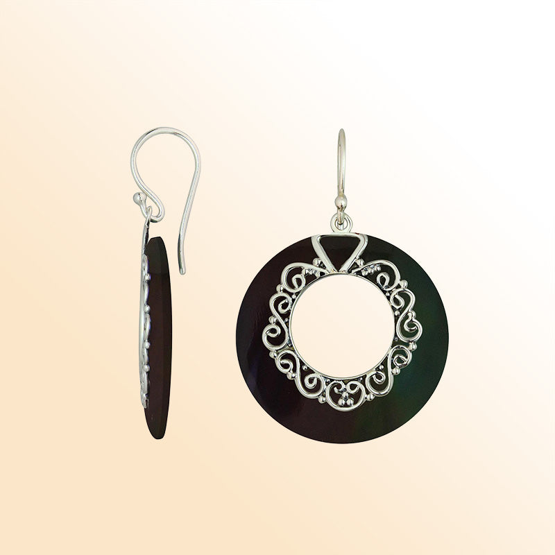 Sterling Silver Black Shell Artistic Circle Earrings With Earwire