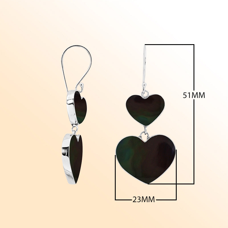 Sterling Silver Black Shell Twin Heart Dangle Earrings