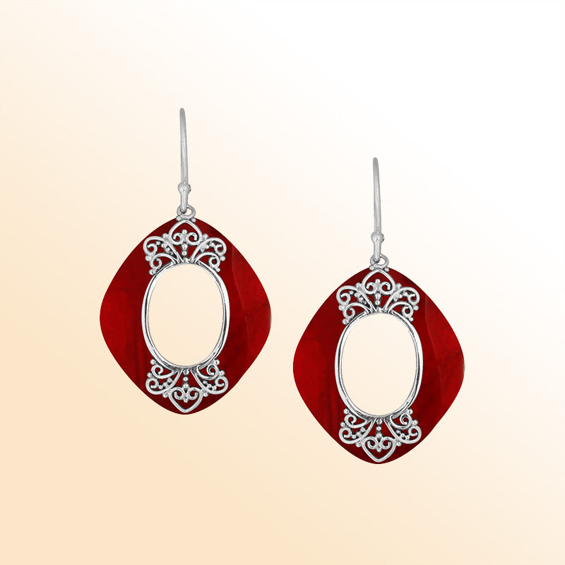Sterling Silver Red Coral Artistic Cushion Filigree Earrings