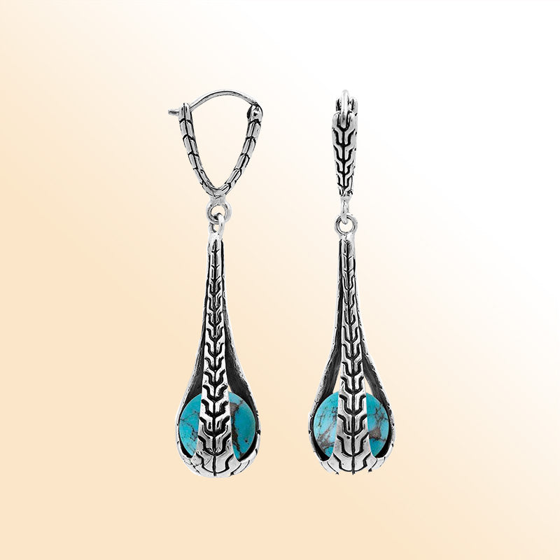 Sterling Silver Bali Handcrafted Drop Earrings With Turquoise Shell And Oxidized Silver Detailing