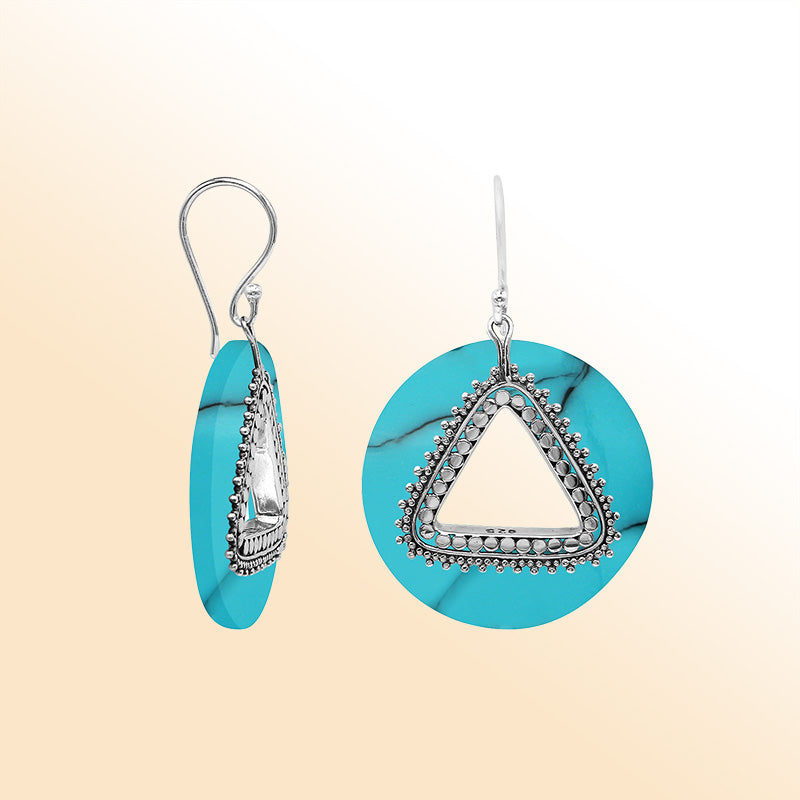Artistic Turquoise Shell round earrings with silver beaded triangle cut-out.
