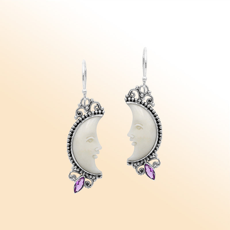 Celestial Sterling Silver moon face earrings with bone carving and Amethyst Quartz drop