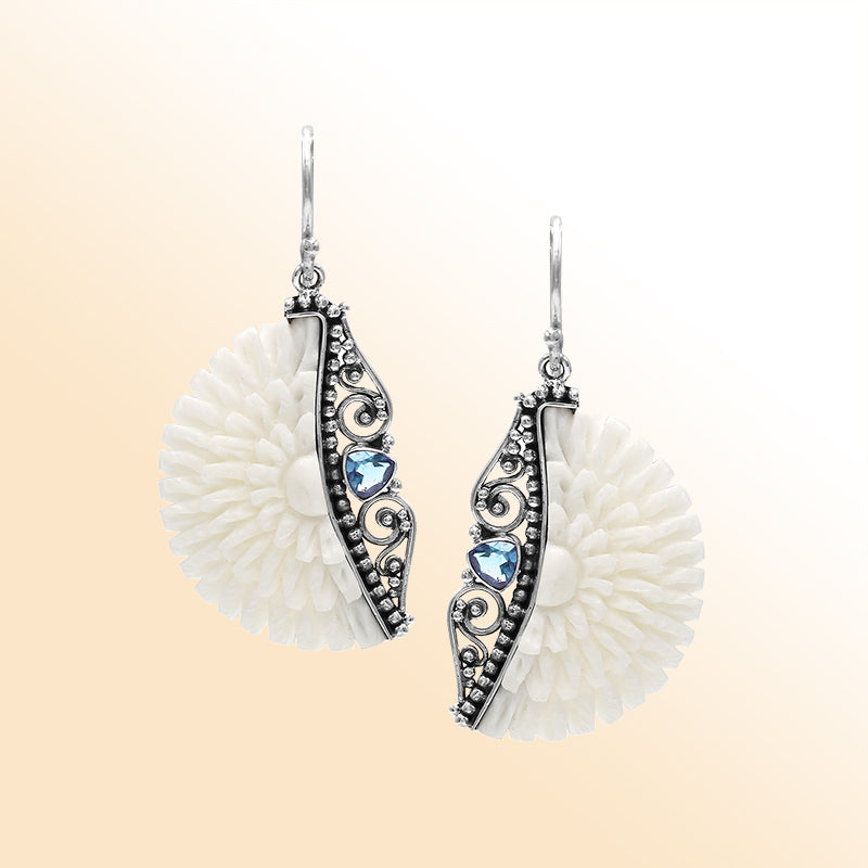Sterling silver ocean bloom earrings with carved bone and Blue Topaz quartz