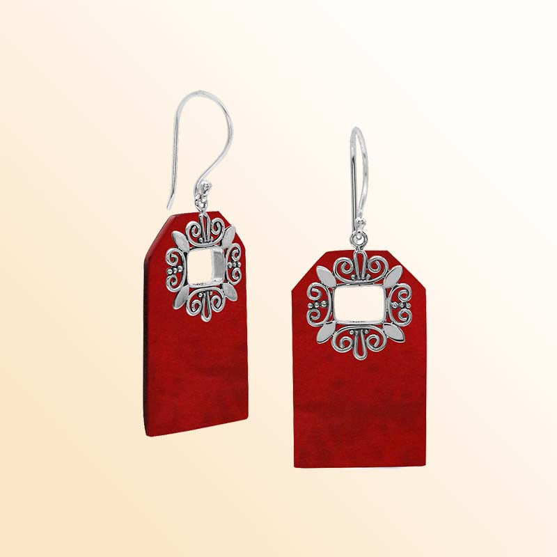 Artistic Red Coral earrings with ornate silver filigree