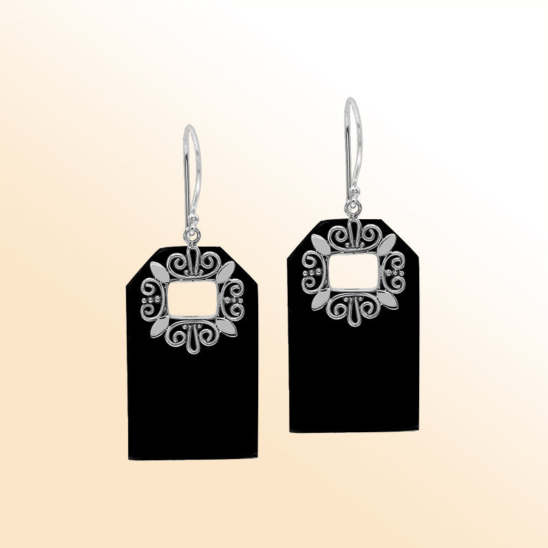 Artistic Black Shell earrings with decorative silver filigree