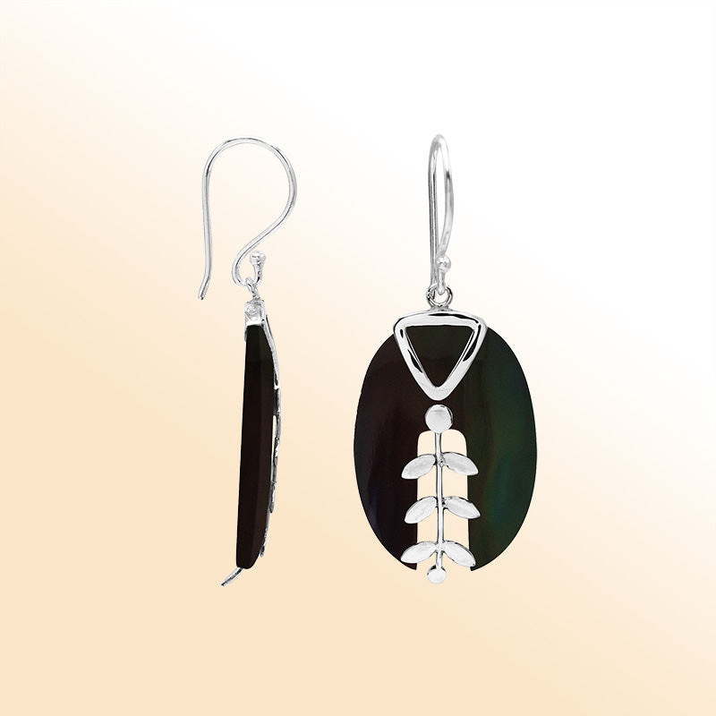 Artistic Black Shell earrings with leaf and filigree details