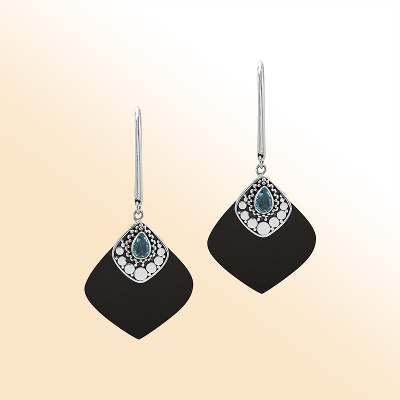 Sterling Silver Black Shell And Blue Topaz Quartz Artistic Drop Earrings