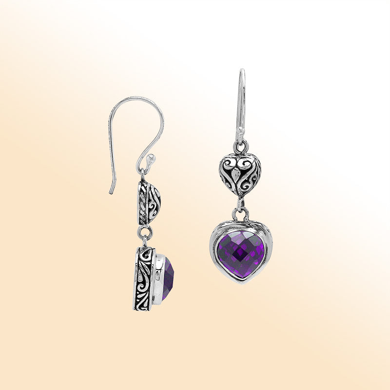 Sterling Silver Amethyst Quartz Heart Drop Earrings With Filigree Accent