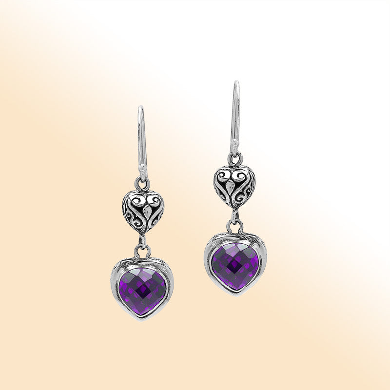 Sterling Silver Amethyst Quartz Heart Drop Earrings With Filigree Accent