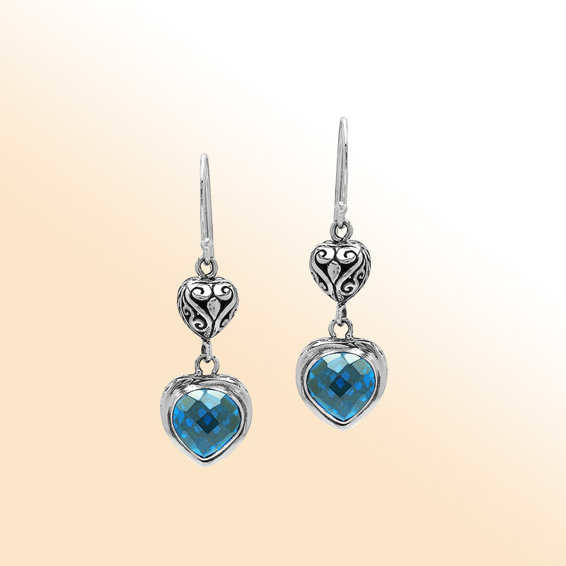 Sterling Silver Blue Topaz Quartz Heart Drop Earrings With Filigree Accent