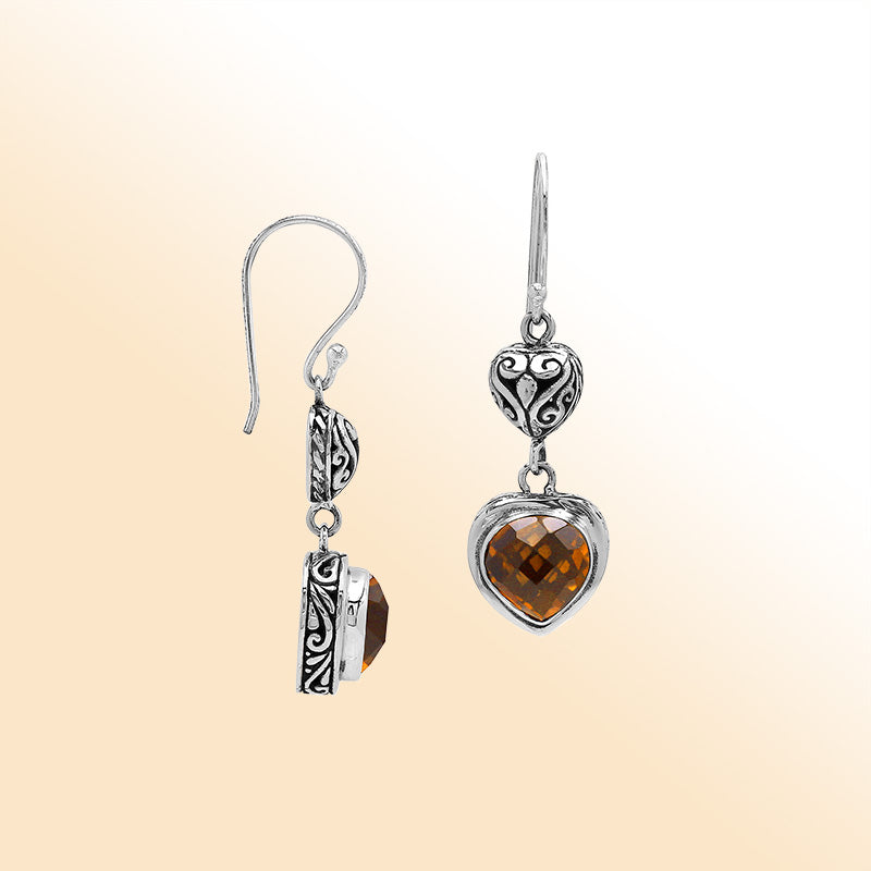 Sterling Silver Citrine Quartz Heart Drop Earrings With Filigree Accent