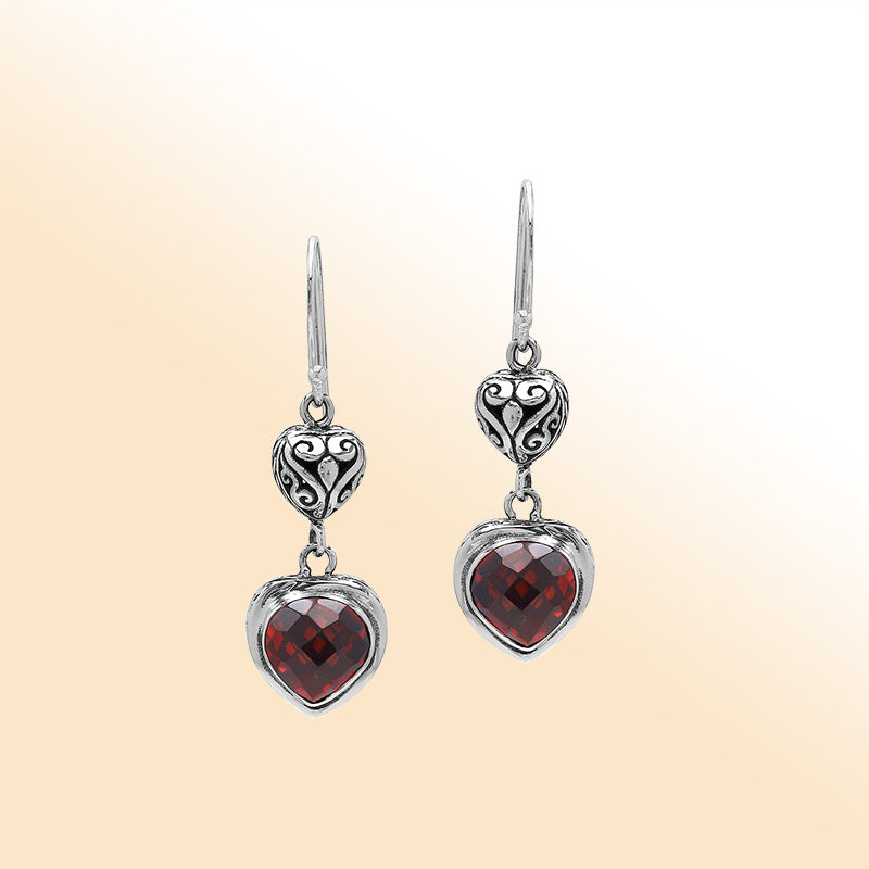 Sterling Silver Garnet Quartz Heart Drop Earrings With Filigree Accent