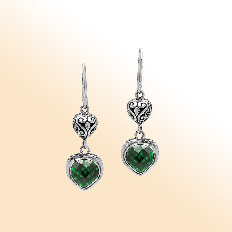Sterling Silver Green Quartz Heart Drop Earrings With Filigree Accent