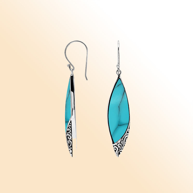 Elegant Turquoise Shell Marquise Silver Earrings With Earwire Lock