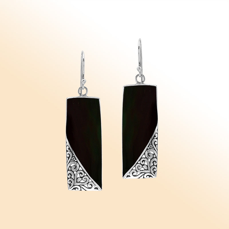 Black Shell Silver Drop Earrings With Curved Filigree Design