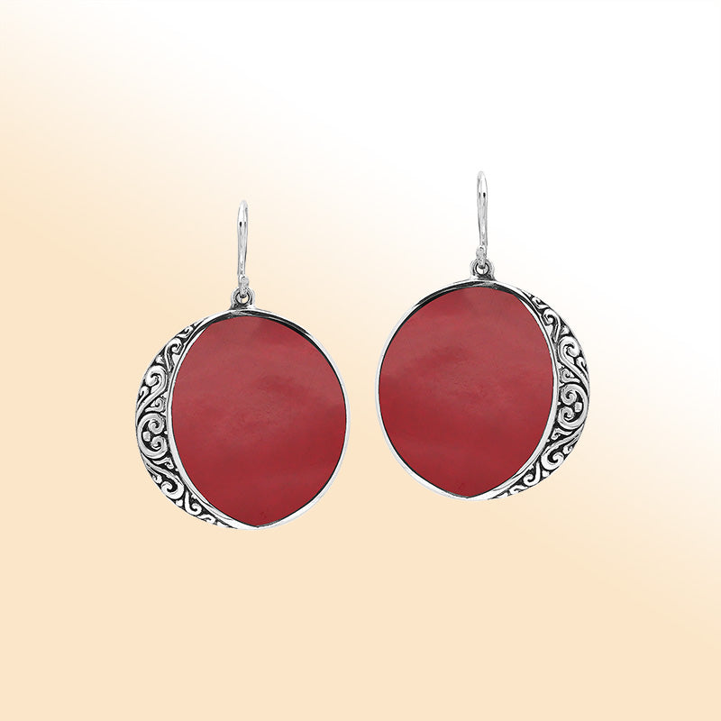 Red Coral Drop Earrings In Silver With Curved Filigree