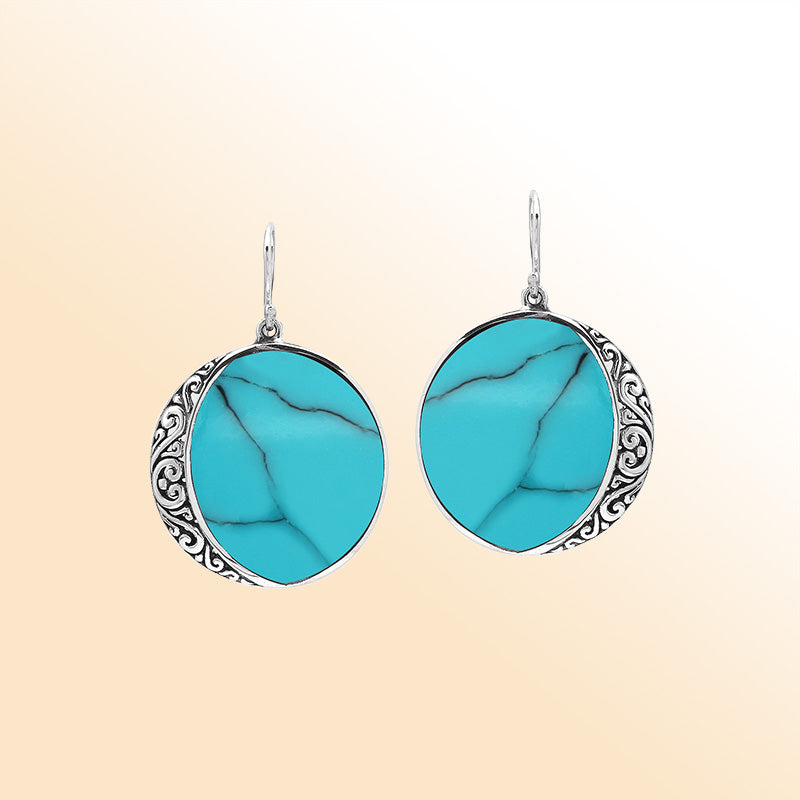 Turquoise Shell Drop Earrings In Silver With Swirl Filigree