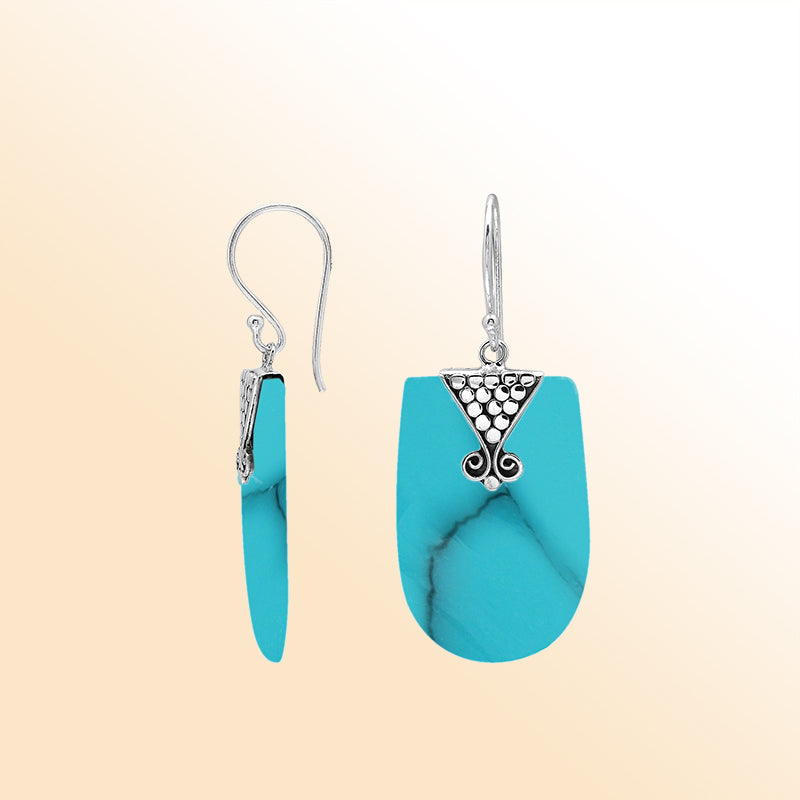 Turquoise Shell drop earrings in sterling silver with spiral scroll design