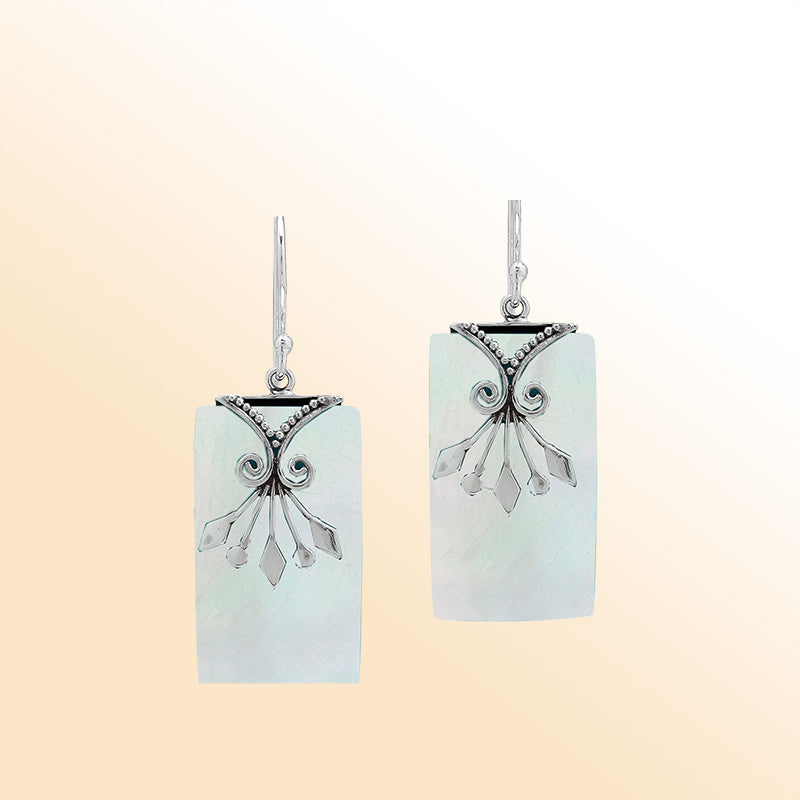 Elegant Mother Of Pearl silver earrings with leaf filigree design