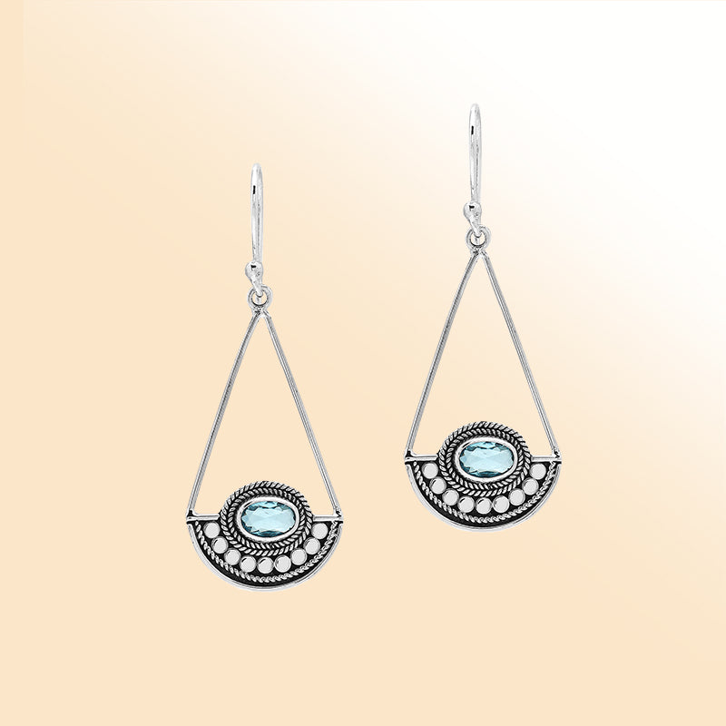Elegant Blue Topaz Quartz silver earrings with beaded triangle design