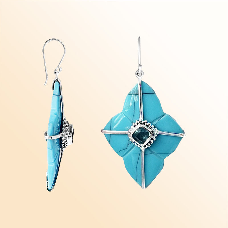 Artistic Turquoise Shell Sterling Silver Floral Drop Earwire Earrings