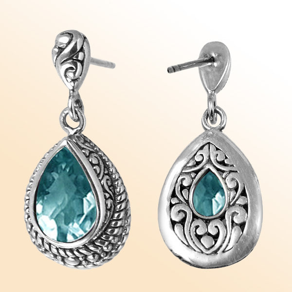 Elegant Sterling Silver Blue Topaz Quartz Teardrop Earrings