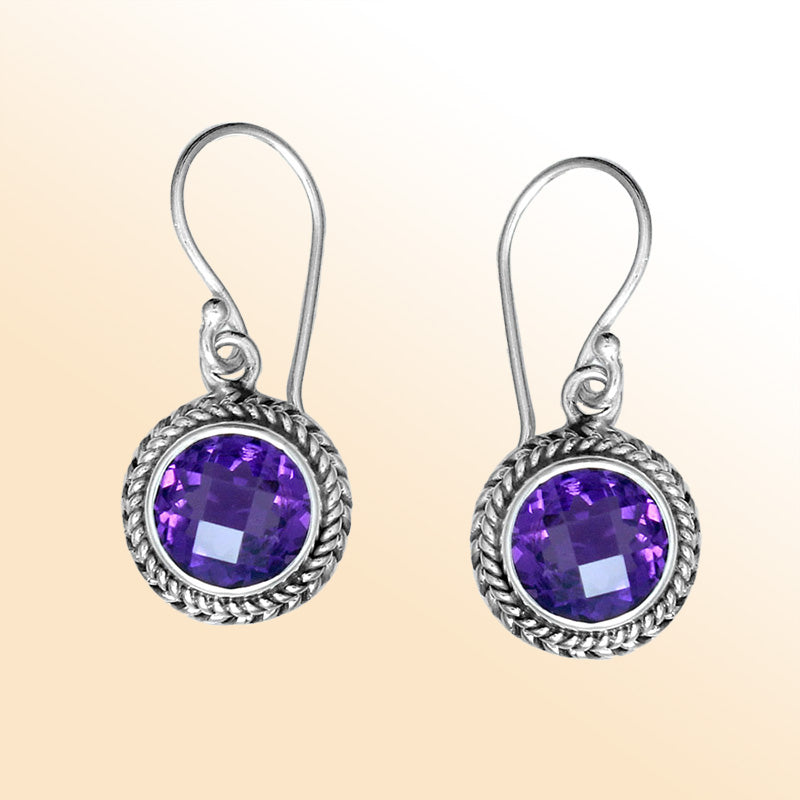 Sterling silver artisan Amethyst Quartz braided-frame drop earrings with polished finish and earwire lock.