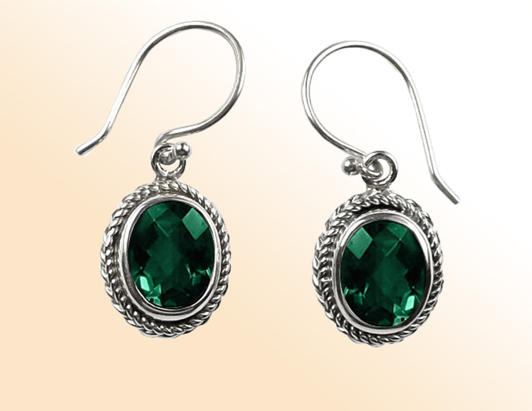 Sterling silver artisan Green Quartz rope-frame oval drop earrings.