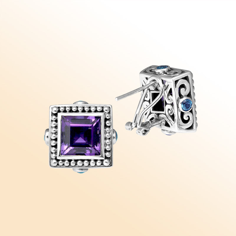 Artistic Sterling Silver square earrings with Amethyst and Blue Topaz Quartz