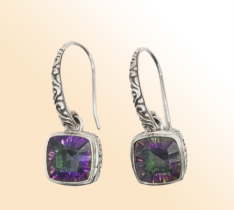 Mystic Quartz engraved Sterling Silver square earrings
