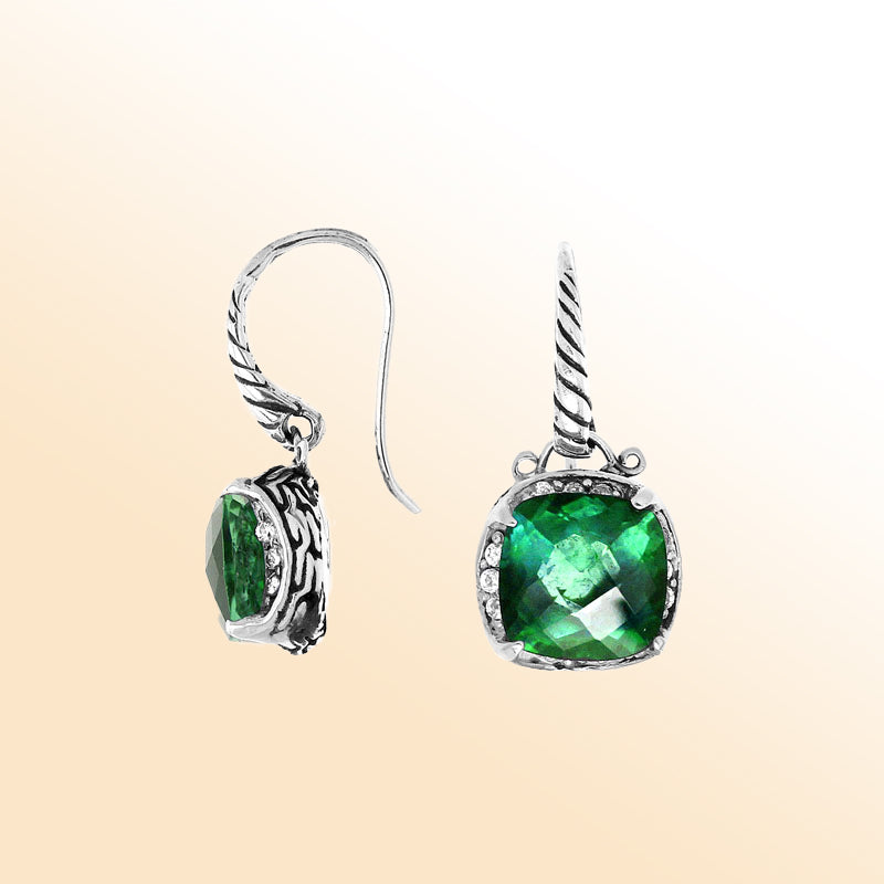 Sterling silver artisan earrings with Green Quartz and Cubic Zirconia in a cushion-style design.