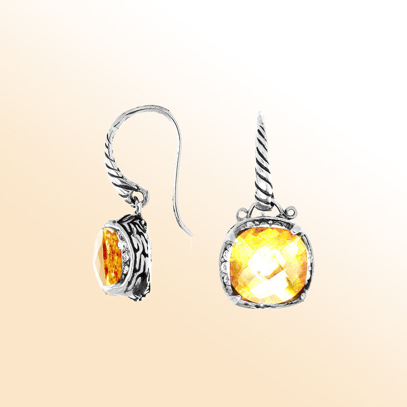 Sterling silver artisan cushion earrings with Lemon Quartz and Cubic Zirconia accents.
