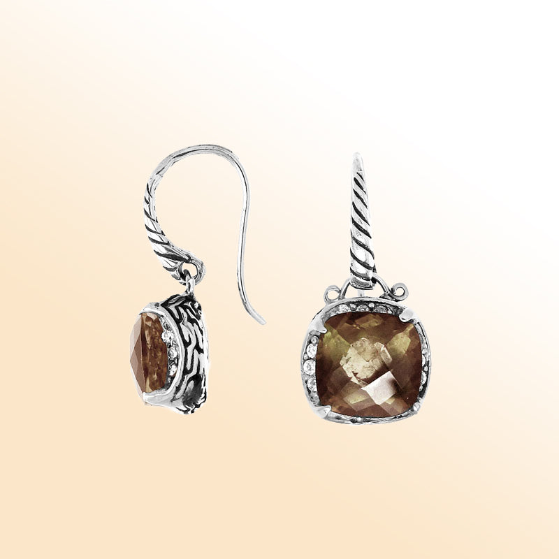 Sterling silver artisan cushion earrings with Smokey Quartz and Cubic Zirconia accents.
