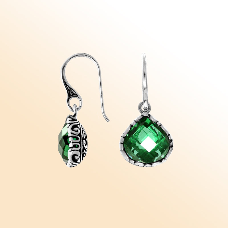 Sterling silver polished dewdrop earrings with vivid green quartz centerpiece.