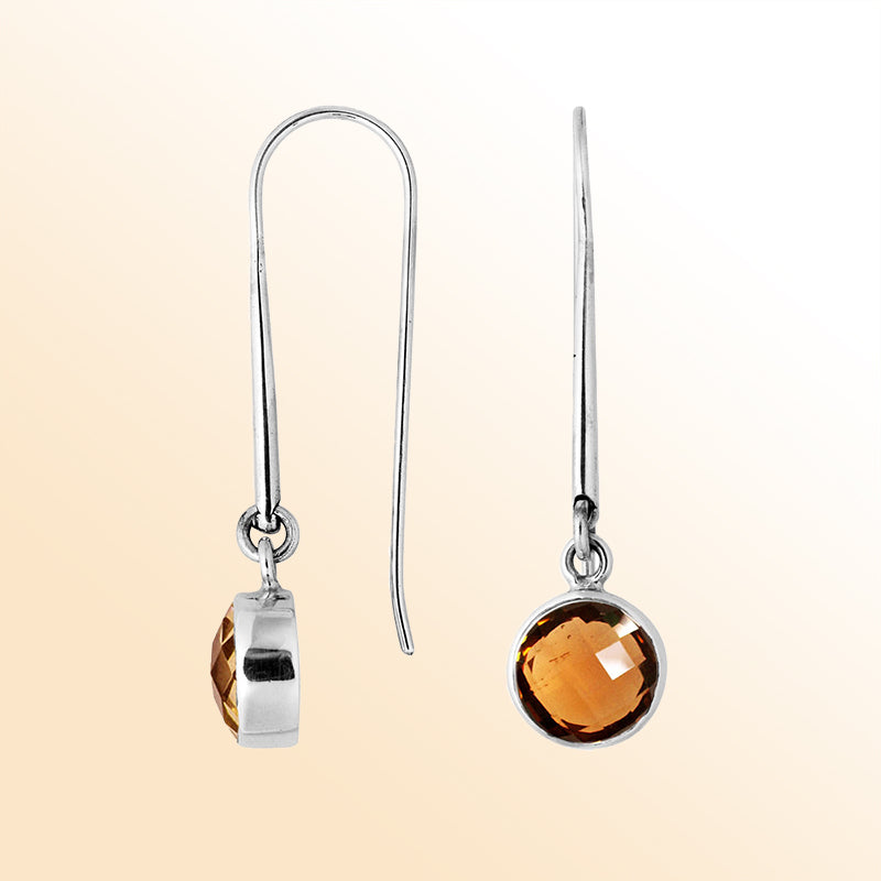 Handcrafted sterling silver drop earrings featuring round Citrine Quartz stone