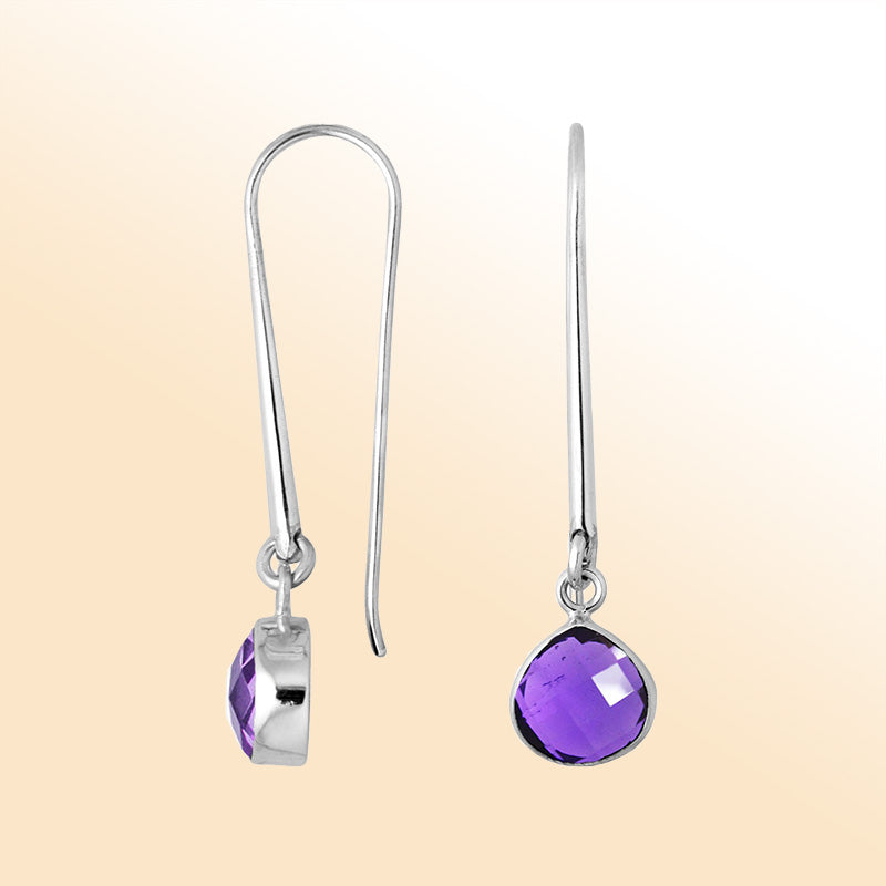 Handcrafted sterling silver drop earrings featuring pear-cut Amethyst Quartz stone