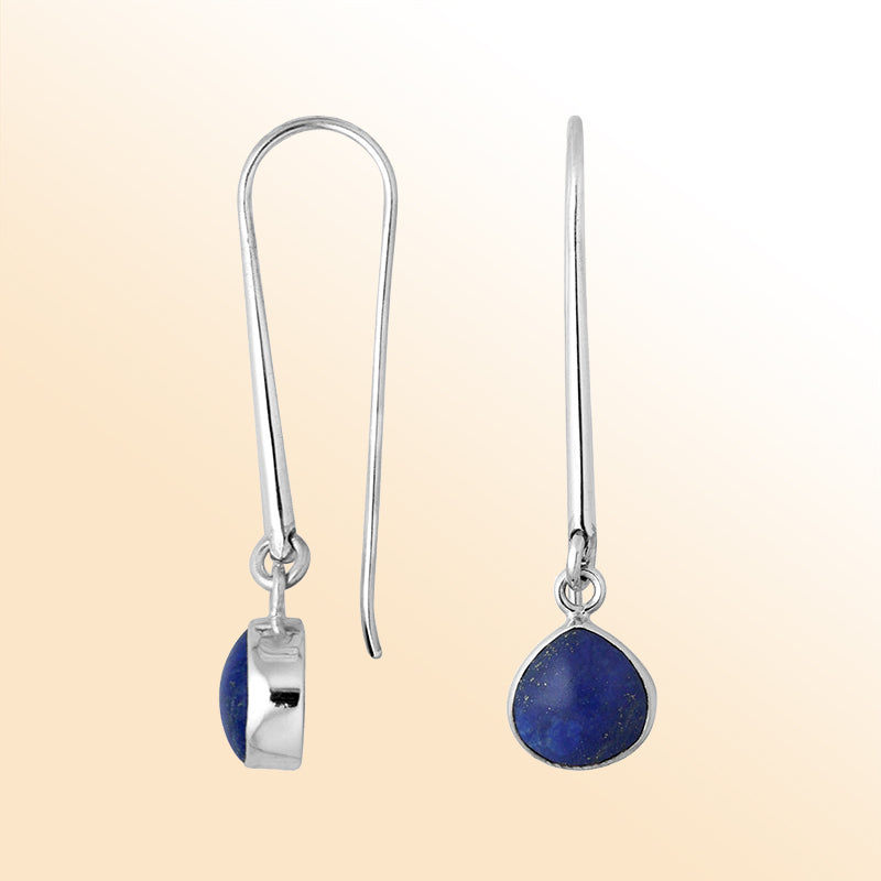 Handcrafted sterling silver drop earrings featuring pear-cut Lapis stone