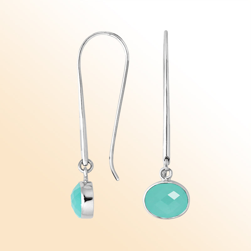 Handcrafted sterling silver drop earrings featuring oval-cut Green Chalcedony Quartz stone