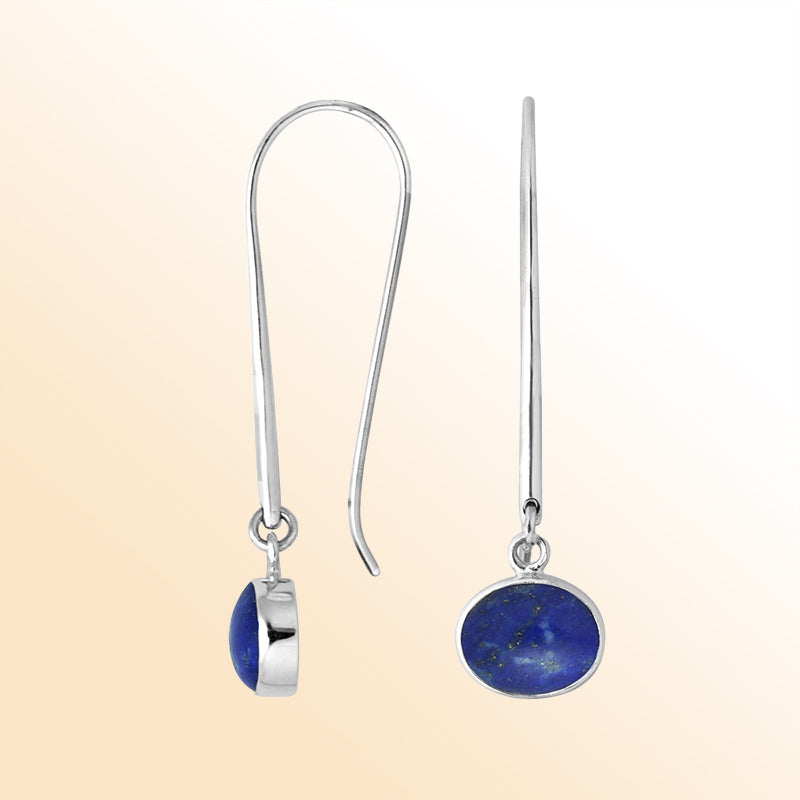Handcrafted sterling silver drop earrings featuring oval-cut Lapis stone