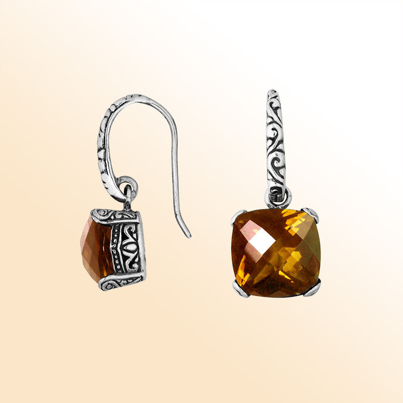Handcrafted sterling silver drop earrings featuring cushion-cut Citrine Quartz