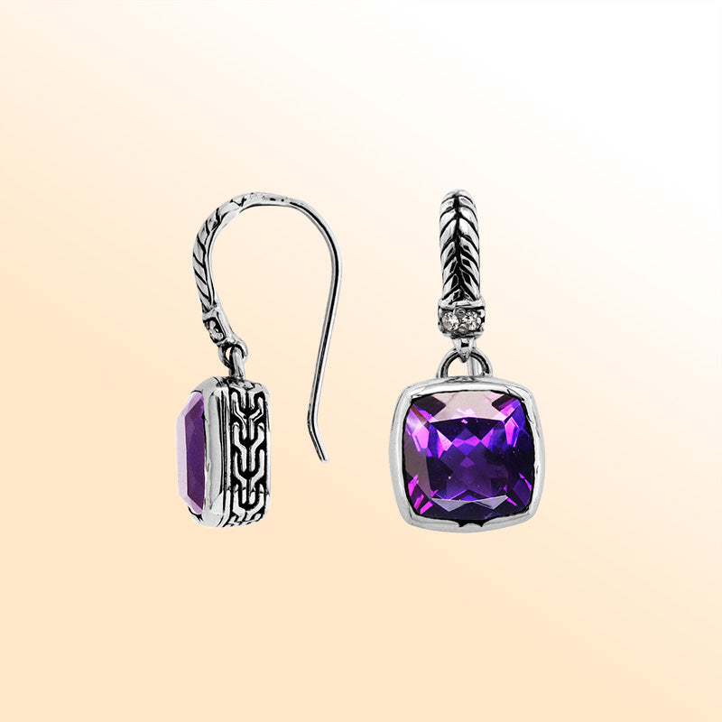 Handcrafted sterling silver drop earrings featuring Amethyst Quartz and Cubic Zirconia