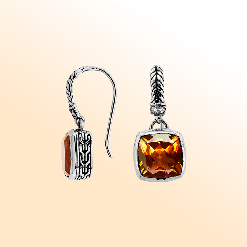 Handcrafted sterling silver drop earrings featuring Citrine Quartz and Cubic Zirconia