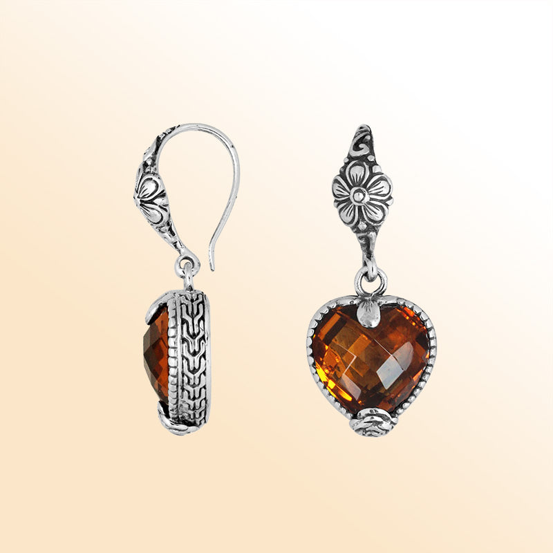 Sterling silver Citrine Quartz heart earrings with antique oxidized finish, floral detailing, and earwire lock.