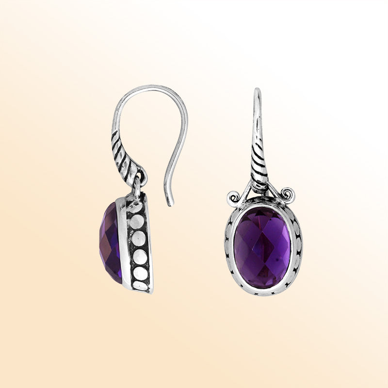 Sterling silver Amethyst Quartz oval earrings with antique oxidized finish, textured design, and earwire lock.