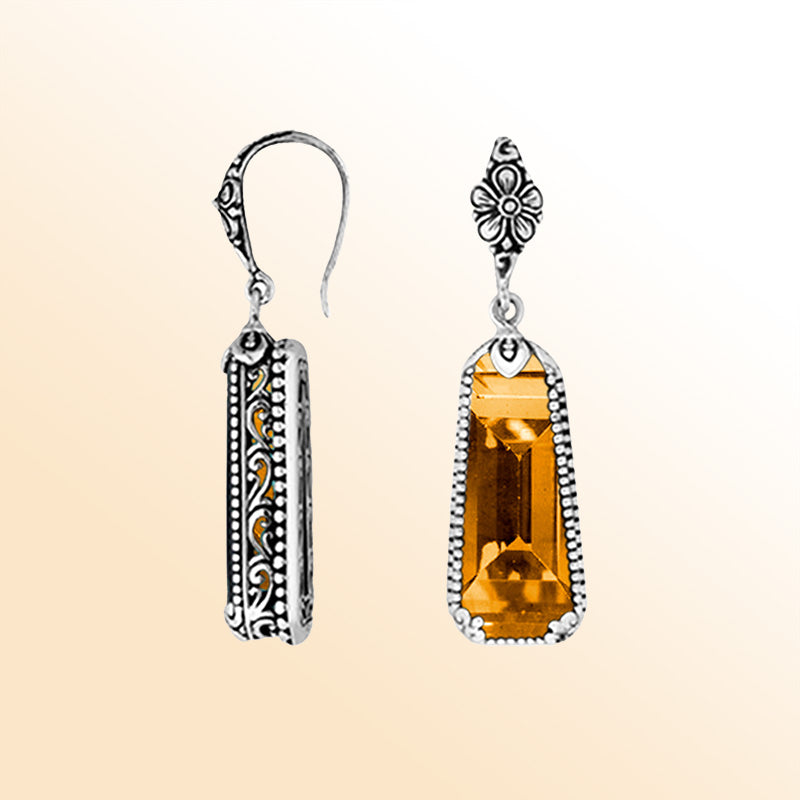 Sterling silver Citrine Quartz long earrings with antique oxidized finish, floral detailing, and earwire lock.